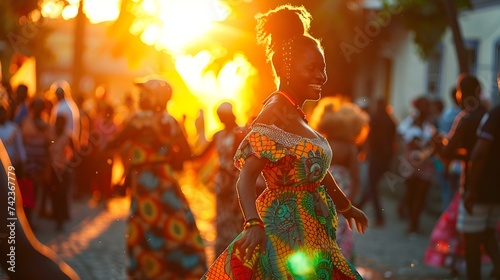 Afro-Caribbean Dance Celebration: People in Colorful Dresses Dancing on the Street at Sunset, Embracing Traditional Arts, Music, and Community Culture