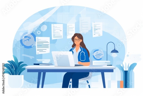 A woman is seated at a desk, focusing on her laptop screen. She appears to be working or studying intently in a home office or workplace setting