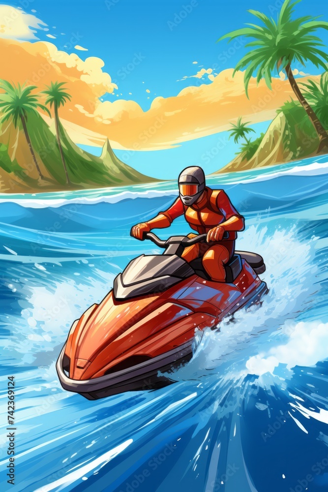 A man is riding on the back of a red jet ski, speeding through the water with splashes around him. The jet ski cuts through the waves as the man holds onto the handlebars