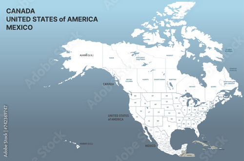 USA, Canada, Mexico border map.
North America countries vector map.