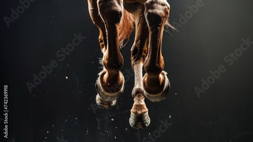 Closeup of a horse's legs in a jump on a black background. Animal in motion