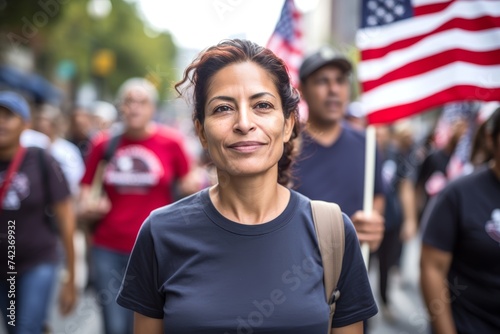 
Photograph a middle-aged Hispanic woman, aged 39, marching alongside others in a demonstration advocating for immigrant rights