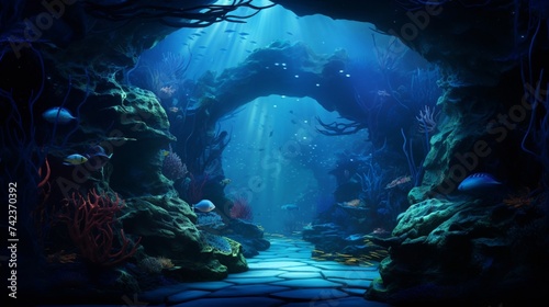 an underwater abyss wall, with deep blues and mysterious sea creatures, creating a mesmerizing and immersive oceanic experience