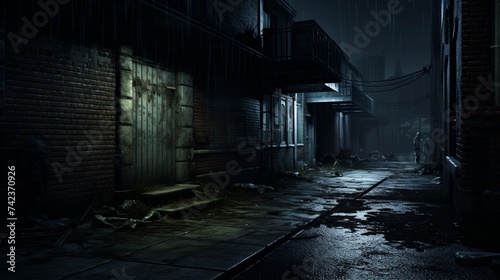 an urban alleyway at night, portrayed on a dark wall, with moody lighting casting shadows on textured surfaces photo
