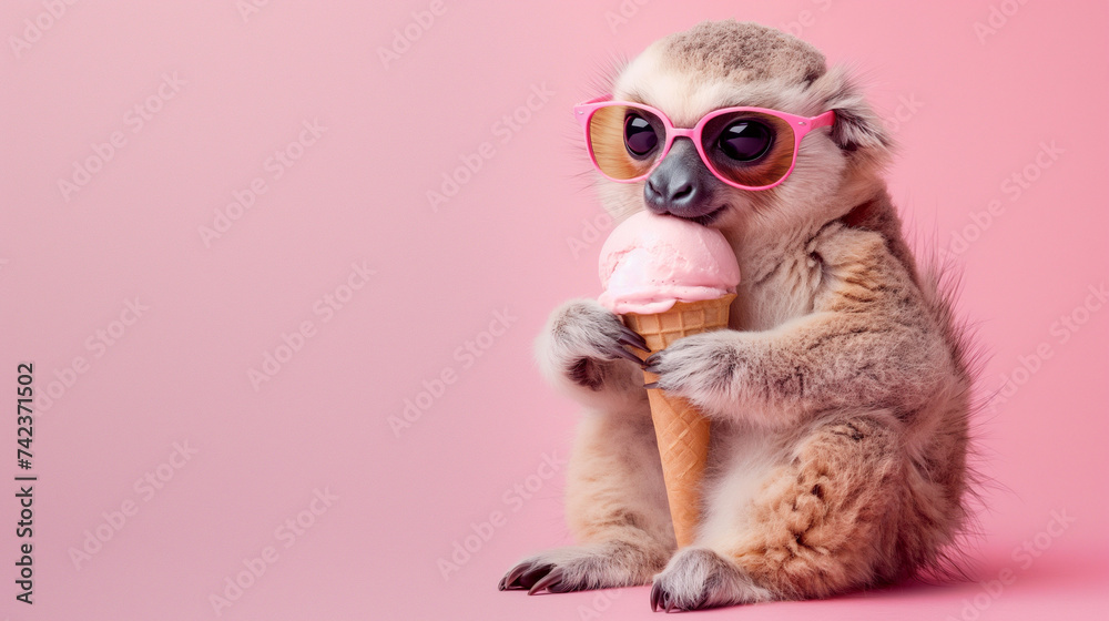 Tiere essen Eiscreme skurril lustig für Grußkarte Kartenmotiv mit Sommermotiv Generative AI Tiere essen Eiscreme skurril lustig für Grußkarte Kartenmotiv mit Sommermotiv Generative AI