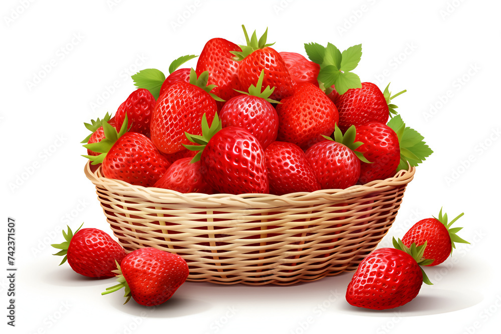 Pile of strawberry fruit in a basket on isolated white background. Pile of strawberry fruit in a basket on isolated white background.
