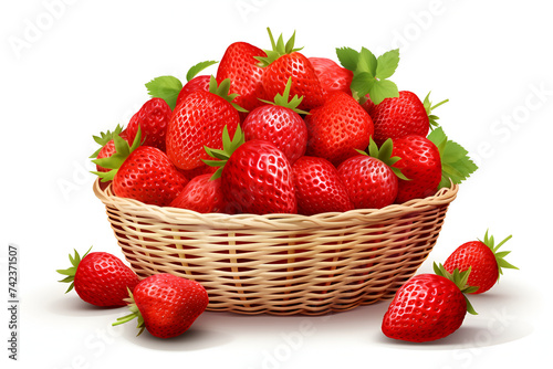 Pile of strawberry fruit in a basket on isolated white background.