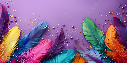 Fototapeta Close up of bright colorful feathers with sparking glitter and decoration items on purple background Vibrant Summer Themed 3D Abstract Background 