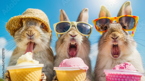 Tiere essen Eiscreme skurril lustig für Grußkarte Kartenmotiv mit Sommermotiv Generative AI