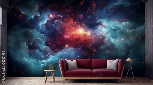 a celestial-inspired nebula wall, capturing the cosmic beauty of swirling gases and stars in a captivating display