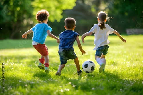 Elementary school children enjoy fun football, children playing soccer, children playing football, kids playing soccer © Mymo.onlit