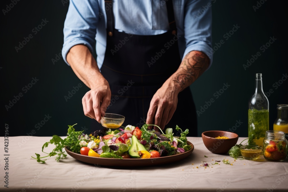 A person creatively plating a colorful salad featuring an assortment of allergen-free ingredients, demonstrating the aesthetic appeal and culinary possibilities of New Food Restrictions