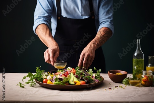A person creatively plating a colorful salad featuring an assortment of allergen-free ingredients, demonstrating the aesthetic appeal and culinary possibilities of New Food Restrictions