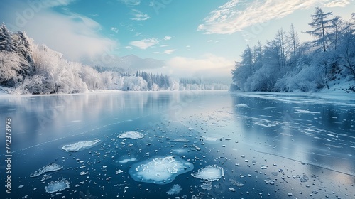 Tranquil winter scene featuring a frozen lake surrounded by snow-covered trees and mountains under a soft blue sky.