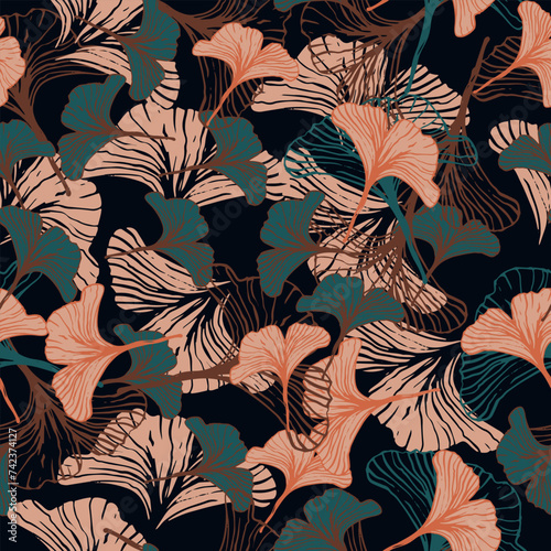 Wallpaper Mural A decorative pattern of ginkgo leaves is highlighted on a colored background. Vector illustration. For nature, eco and design. Hand-drawn plants, a frame for a postcard. Torontodigital.ca