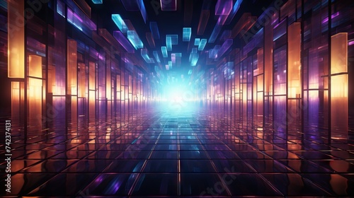 A sci-fi tunnel illuminated by neon lights and floating geometric cubes