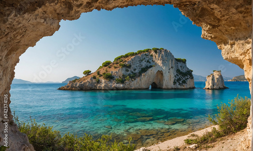 Bright spring view of the Cameo Island. Picturesque morning scene on the Port Sostis, Zakinthos island, Greece, Europe. Beauty of nature concept background
