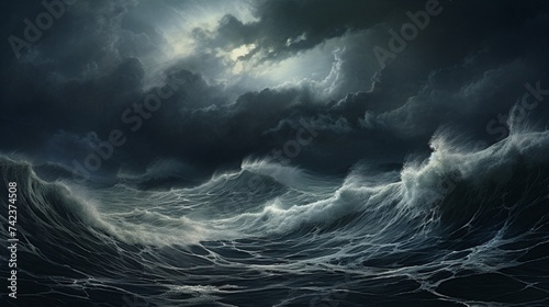 a moody stormy seascape wall, with turbulent waves and muted tones, capturing the drama of nature's tempest