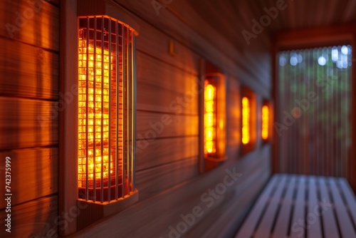 Close-up of infrared sauna heaters glowing warmly, providing therapeutic heat in a tranquil wellness setting