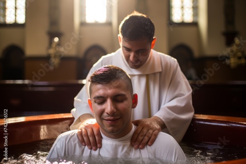 Young Catholic priest in his 35s performing a baptism ceremony in a vibrant Latin American church