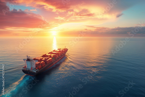 Cargo vessel glides through water surface at sunset. Intricate web of trade and commerce with goods and resources flowing across borders