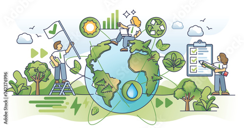 Sustainability reporting and green climate goal measurement outline concept. Environmental publication about sustainable energy production, recycling initiatives and forestation vector illustration.