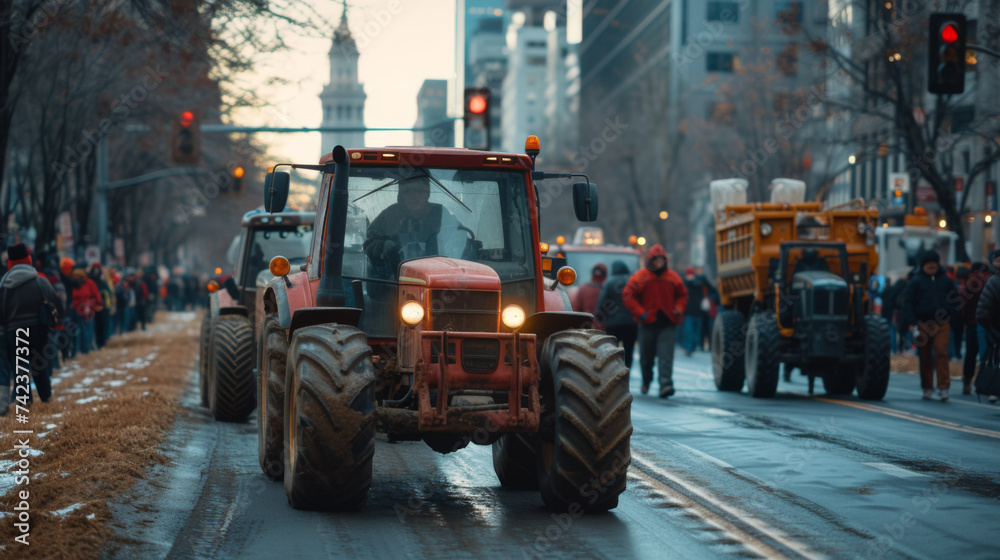 A red tractor driven by an individual moves through a city street, with a crowd of people lining the road, and city buildings in the backdrop, under an overcast sky