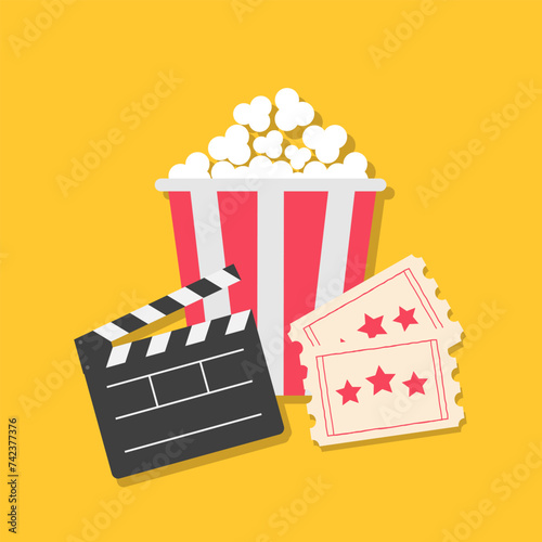 Open clapper board. Popcorn box package. Ticket Admit one. Three star. Cinema movie icon set. Flat design style. Sticker print template. Yellow background. © worldofvector