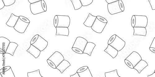 Seamless monochrome pattern with toilet paper doodle. Vector sketch on white background.