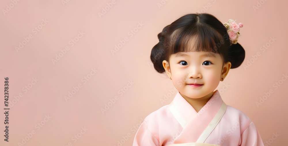 3-year-old Korean toddler girl in hanbok against a gentle pink pastel solid background, copy space 3-year-old Korean toddler girl in hanbok against a gentle pink pastel solid background, copy space