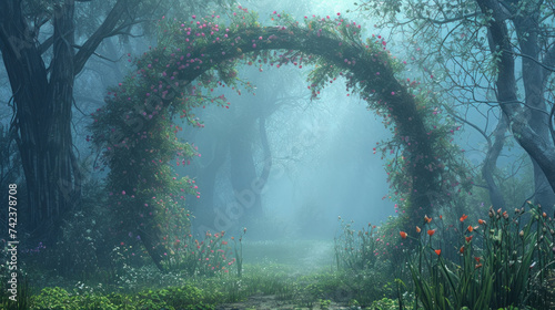 Enchanted forest archway with mist and spring flowers. Fantasy landscape.