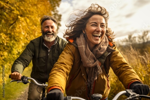  A 46-year-old American man and a 43-year-old American woman laughing while cycling together in nature on World Health Day