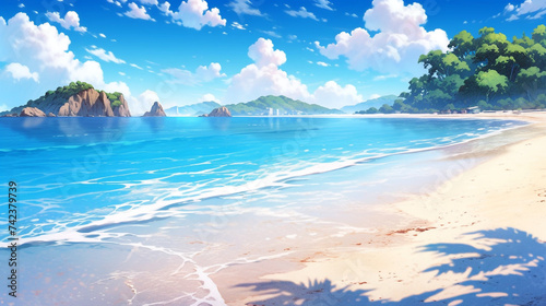 2D illustration of a beautiful beach scene, anime background