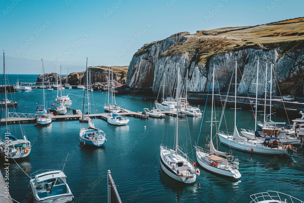 A bustling marina filled with sailboats and yachts, set against a backdrop of rugged cliffs