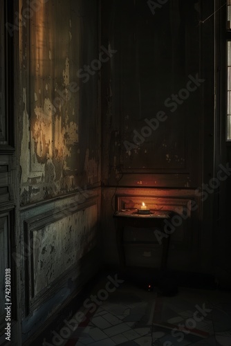 A single candle is lit, illuminating a dark room with its warm glow. The flickering flame provides the only source of light, creating a contrast against the shadowy surroundings