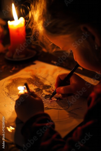 A person sits at a table, writing on a piece of paper with a pen. In the background, a lit candle adds a warm glow to the scene
