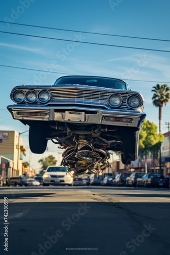 A VetalVit customized lowrider with bouncing hydraulics is soaring through the air above a city street