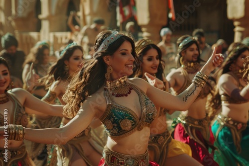 A group of women dressed in vibrant belly dance outfits, showcasing intricate designs and flowing fabrics as they gracefully sway and move to the music