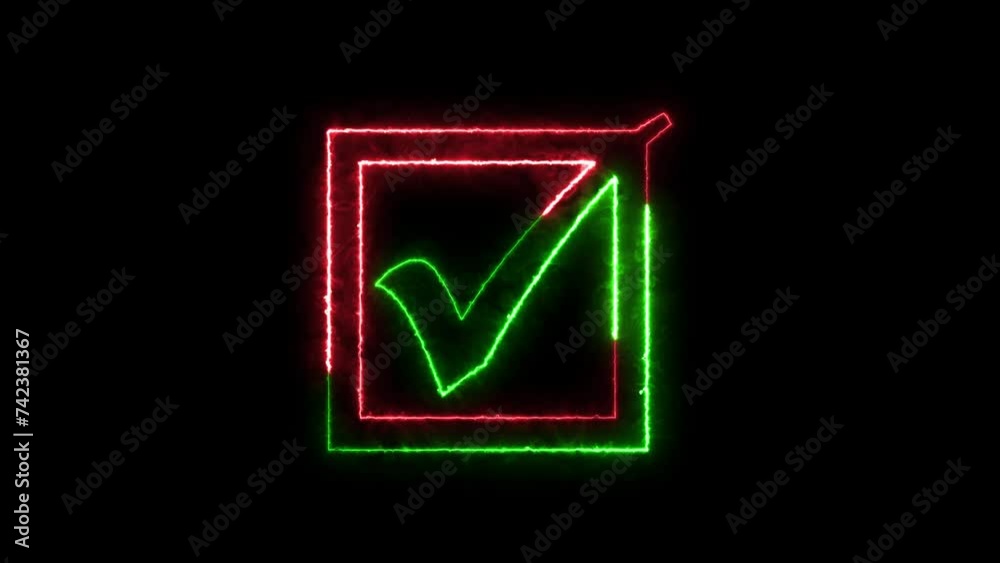 Check mark box icon neon fire green red color animation in black background Check mark box icon neon fire green red color animation in black background