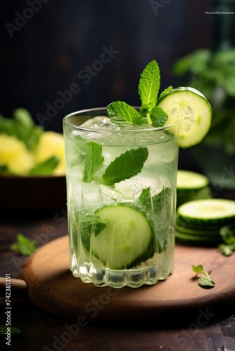 A glass of cucumber and mint water sitting on a wooden cutting board. The drink looks cool and refreshing, perfect for a hot day