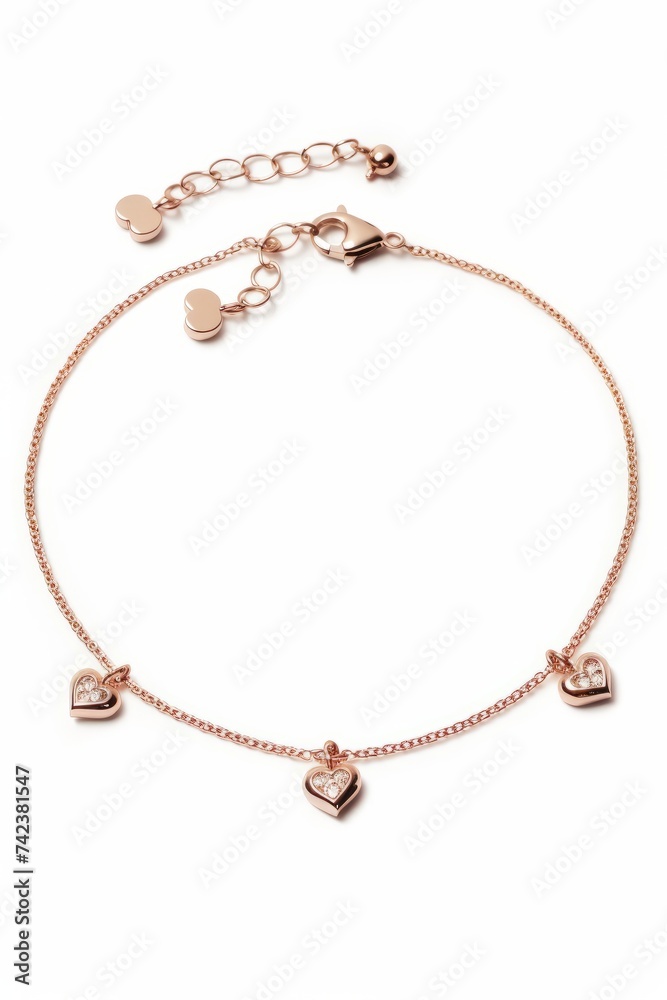 A bracelet featuring heart charms in rose gold color, placed on a plain white background. The heart charms are intricately designed and add a touch of elegance to the accessory A bracelet featuring heart charms in rose gold color, placed on a plain white background. The heart charms are intricately designed and add a touch of elegance to the accessory