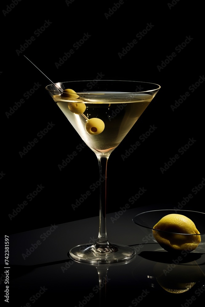 A classic martini glass filled with clear liquid and garnished with green olives on a toothpick. The martini exudes sophistication and elegance in its presentation A classic martini glass filled with clear liquid and garnished with green olives on a toothpick. The martini exudes sophistication and elegance in its presentation