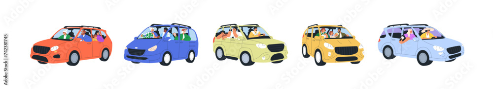 Families in car travel set. Happy people in road trip, vacation adventure, journey. Men, women, kids driving, riding auto transport together. Flat vector illustrations isolated on white background