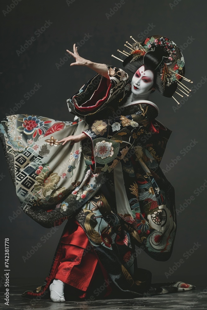 A traditional Japanese kabuki dance performance with elaborate costumes and stylized movements