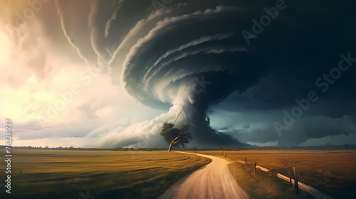 View of a large tornado, artistic landscape of natural disasters