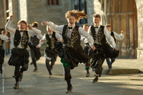 A group of people, members of a traditional Irish dance troupe, energetically tapping and dancing in the street, showcasing their talent and cultural heritage