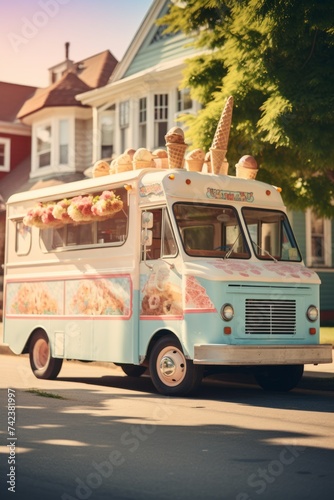 A vintage ice cream truck is parked on the side of a suburban road, offering sweet treats to passersby on a sunny day