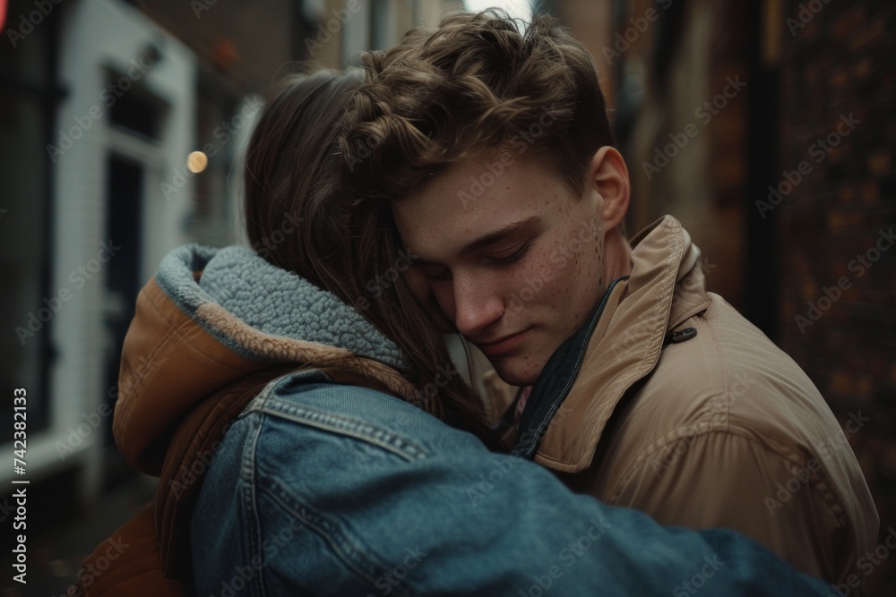 A man is embracing a woman tightly on a bustling urban street. The couple is engrossed in a warm and affectionate hug, displaying a gesture of intimacy in a public setting