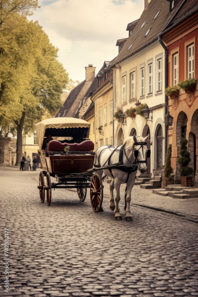 An antique horse-drawn carriage on a cobblestone street in a historic town