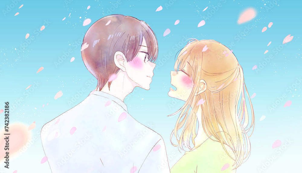 向かい合って笑う男女 バストアップ 桜吹雪 青空 向かい合って笑う男女 バストアップ 桜吹雪 青空